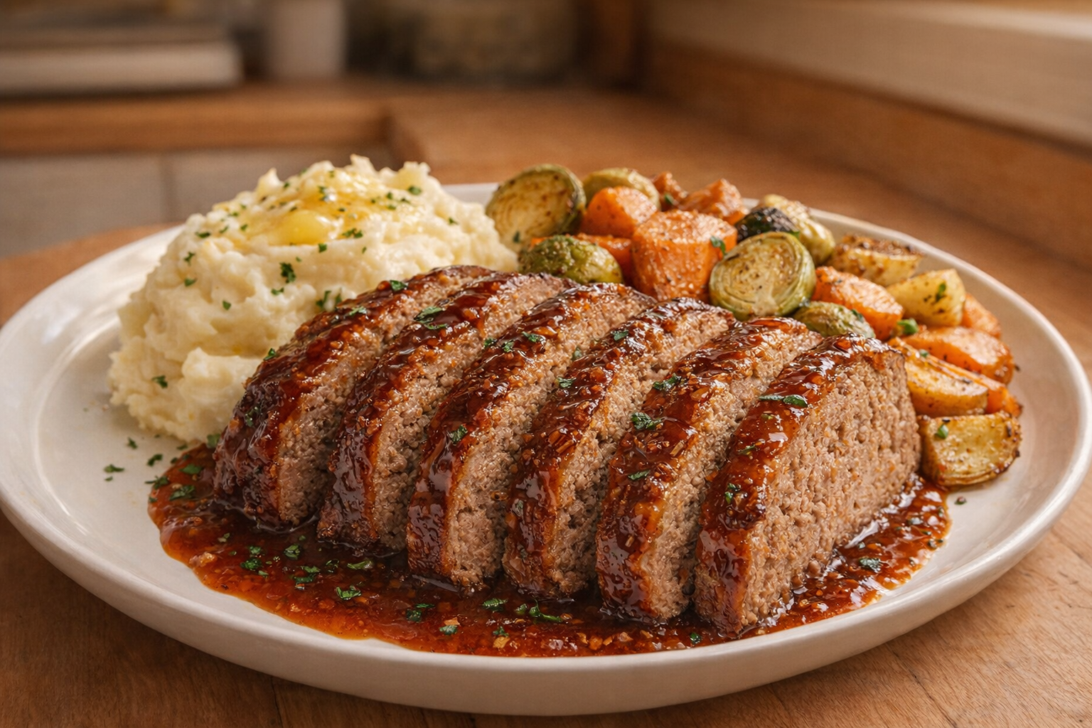 A perfectly sliced meatloaf on a white plate, glistening with a sweet and tangy glaze, surrounded by mashed potatoes and roasted vegetables, warm golden lighting